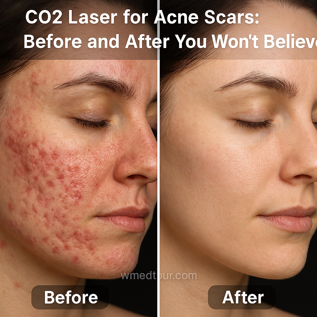 Side-by-side comparison of acne scars before and after CO2 laser treatment, showing dramatic skin improvement