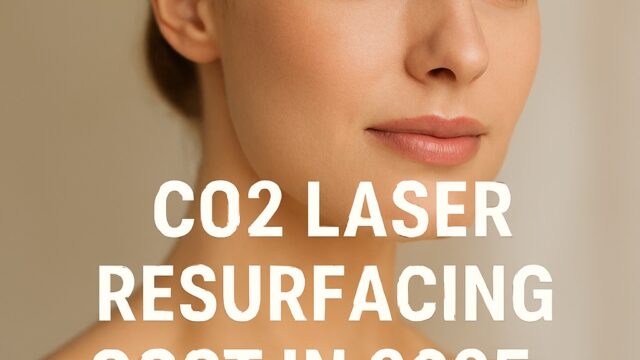 Close-up of a serene woman with flawless skin, soft lighting, and overlay text “CO2 Laser Resurfacing Cost in 2025: A Complete Guide”