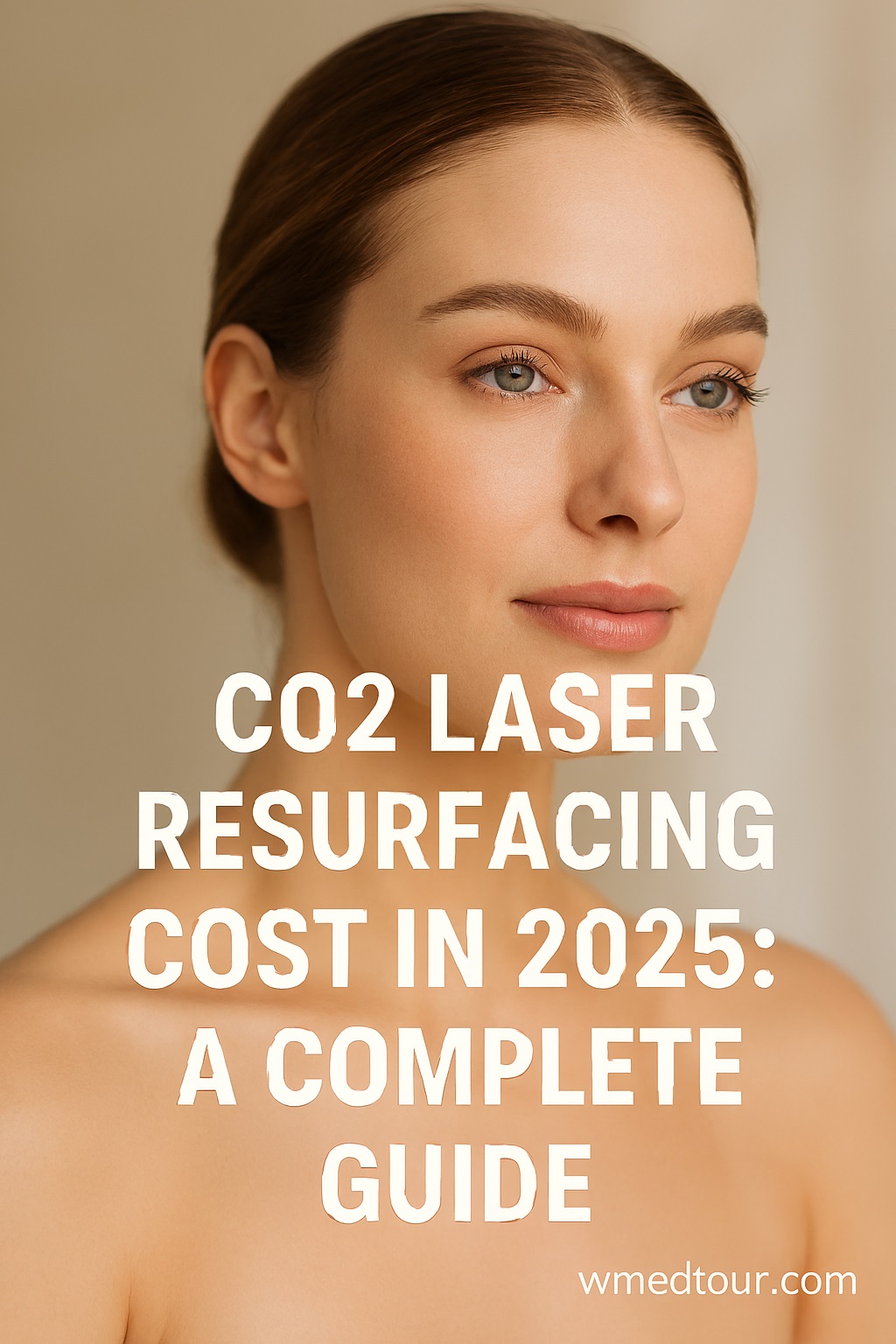 Close-up of a serene woman with flawless skin, soft lighting, and overlay text “CO2 Laser Resurfacing Cost in 2025: A Complete Guide”