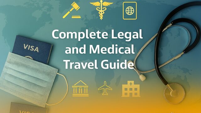 Global travel collage with passport, stethoscope, legal icons, and healthcare symbols over a soft gradient background