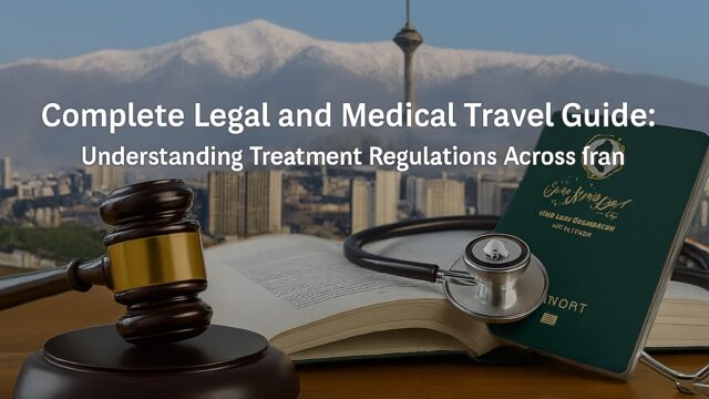 Iranian passport, gavel, and stethoscope with Milad Tower and Alborz mountains in background