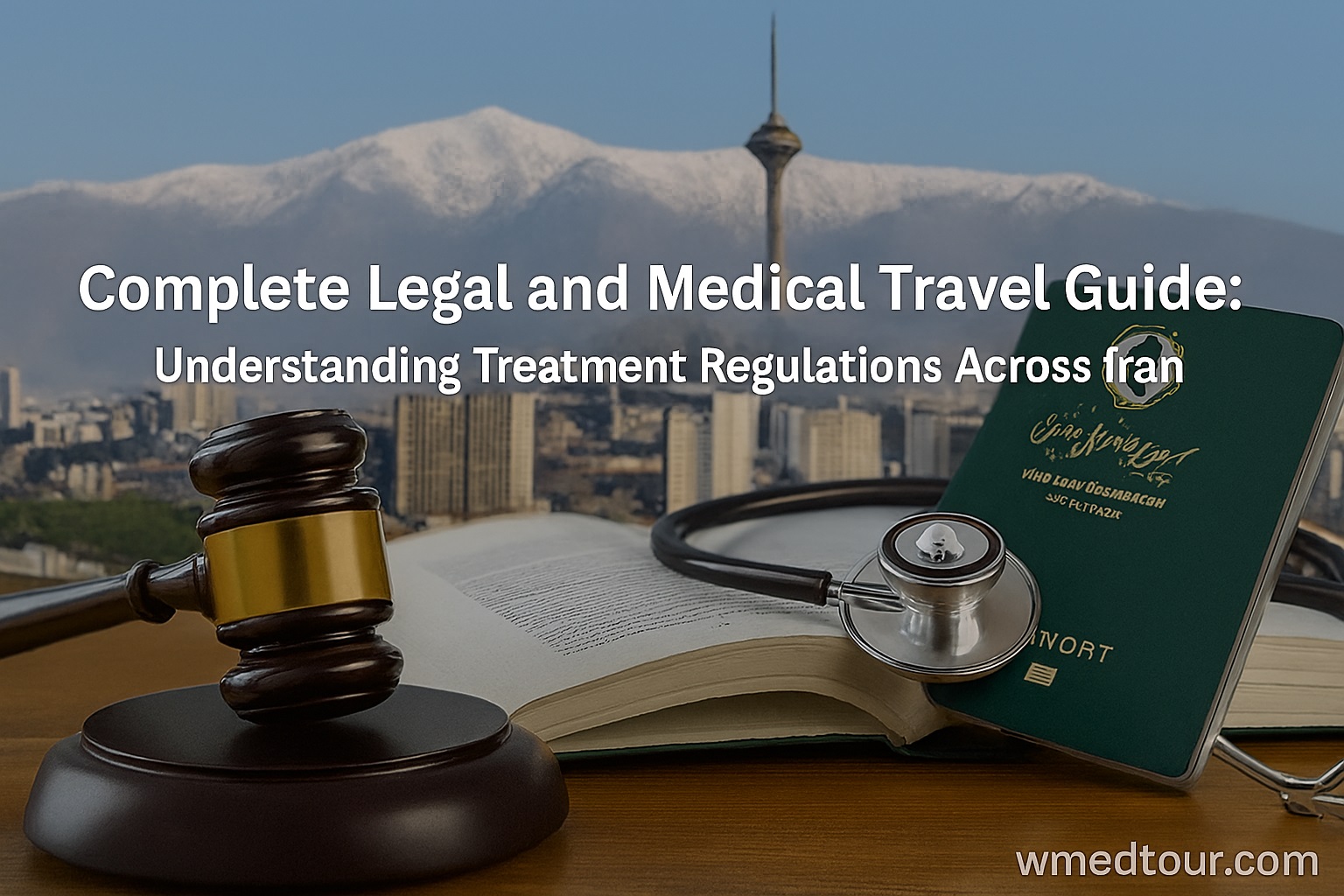Iranian passport, gavel, and stethoscope with Milad Tower and Alborz mountains in background