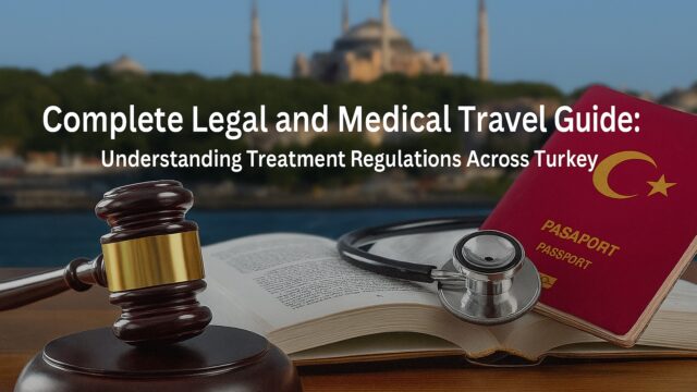 Legal and medical travel symbols with Turkish passport and Istanbul skyline in background