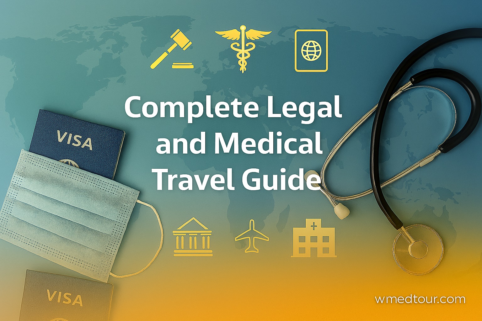 Global travel collage with passport, stethoscope, legal icons, and healthcare symbols over a soft gradient background