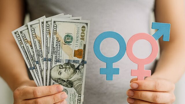 Pregnant woman holding gender symbols and US dollar bills – Cost of fetal gender selection 2025