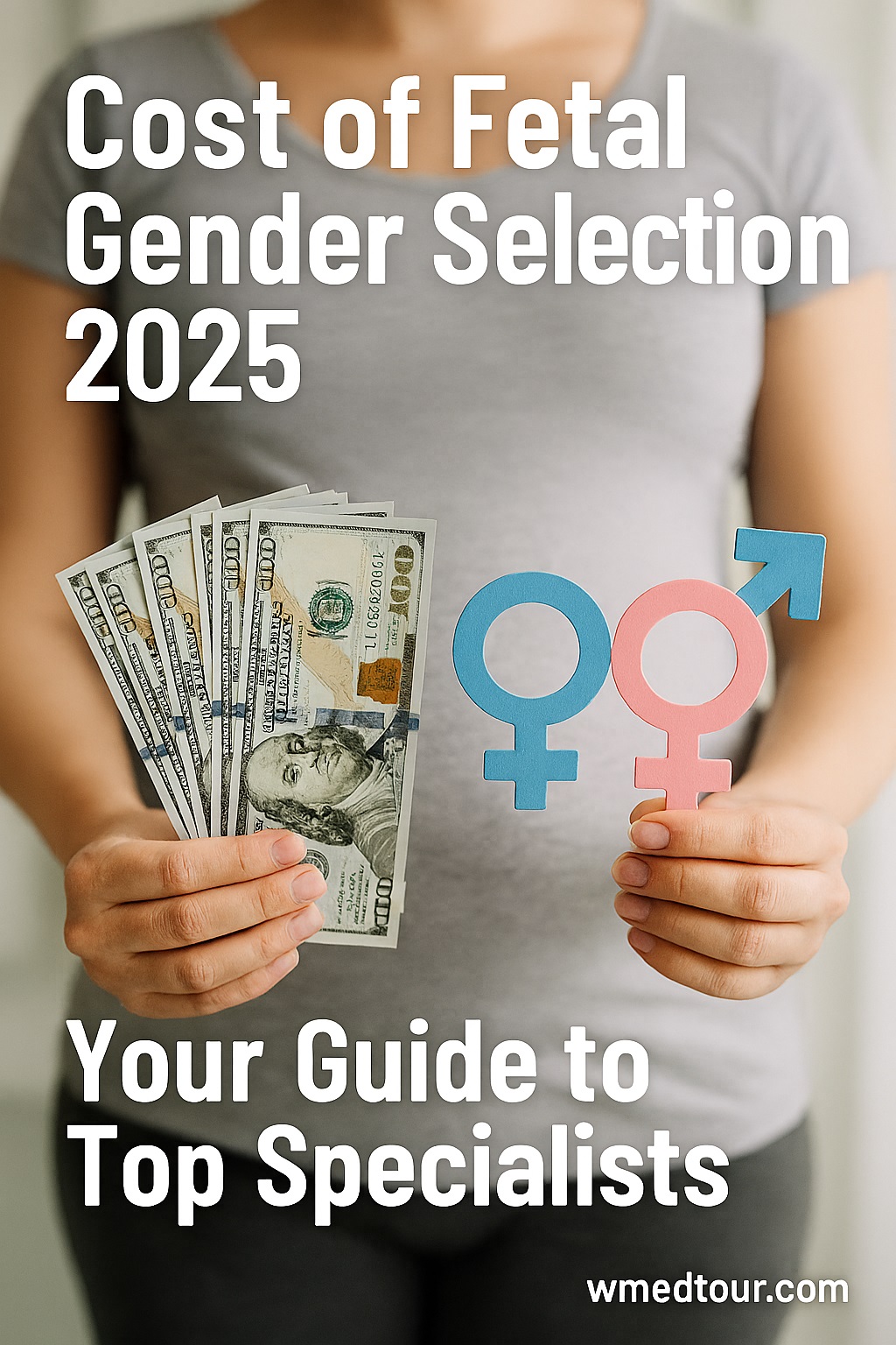 Pregnant woman holding gender symbols and US dollar bills – Cost of fetal gender selection 2025