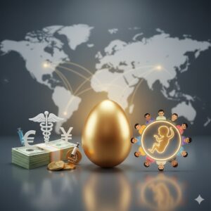An illustration showing a golden egg (representing fertility/life), stacks of international currency (USD, Euro, Yen), a medical caduceus, and a glowing neon outline of a baby surrounded by diverse parents, all against a world map with connecting lines, symbolizing global medical tourism and the financial aspects of fertility.