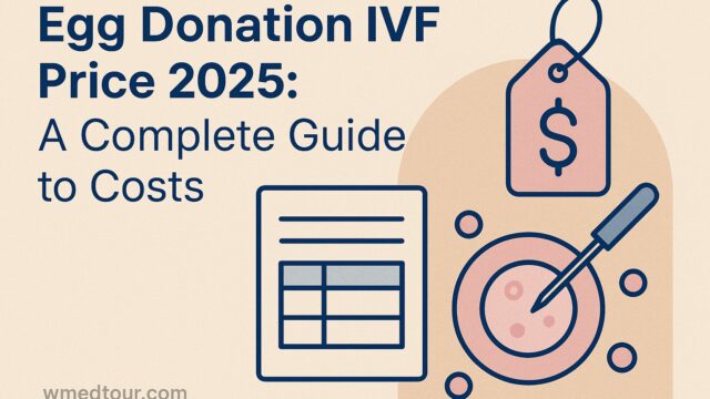 Illustration of IVF cost guide with price tag, egg cell, and pipette, featuring the title “Egg Donation IVF Price 2025: A Complete Guide to Costs” and watermark “wmedtour.com”
