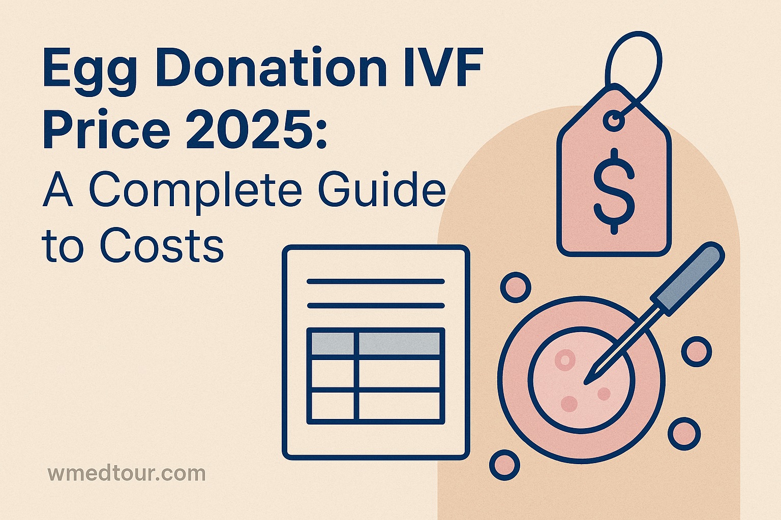 Illustration of IVF cost guide with price tag, egg cell, and pipette, featuring the title “Egg Donation IVF Price 2025: A Complete Guide to Costs” and watermark “wmedtour.com”