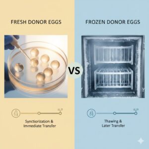 A split-screen graphic titled "Fresh Donor Eggs vs Frozen Donor Eggs." The left side shows a laboratory technician using a pipette on fresh eggs in a Petri dish under warm light, labeled "Synchronization & Immediate Transfer." The right side shows a specialized cryogenic freezer with frost, labeled "Thawing & Later Transfer." Both sides include a timeline graphic representing the journey to pregnancy.
