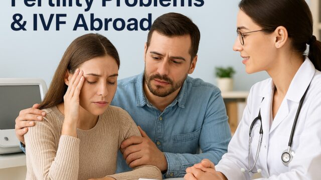 Concerned couple consulting with fertility specialist about IVF options abroad, symbolizing international reproductive care