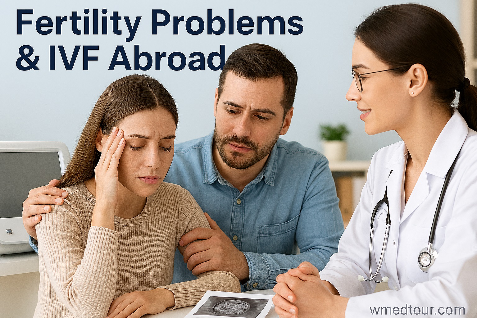 Concerned couple consulting with fertility specialist about IVF options abroad, symbolizing international reproductive care