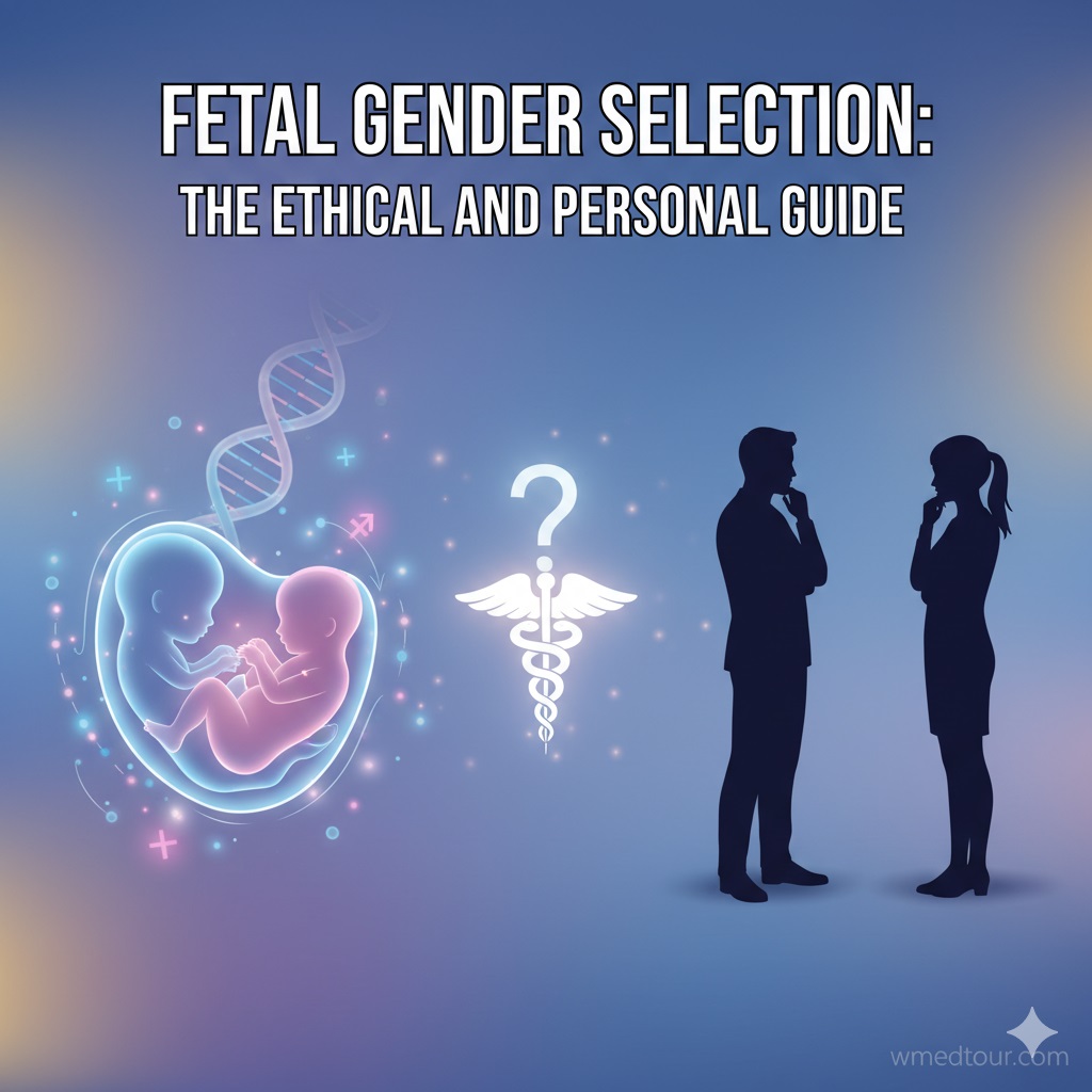 Illustration depicting a fetus within a womb, DNA helix, and silhouettes of a couple contemplating with a medical caduceus and question mark, representing the ethical and personal considerations of fetal gender selection.