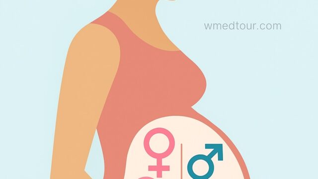 Illustration of a pregnant woman with male and female fetal symbols, representing ethical and personal aspects of gender selection