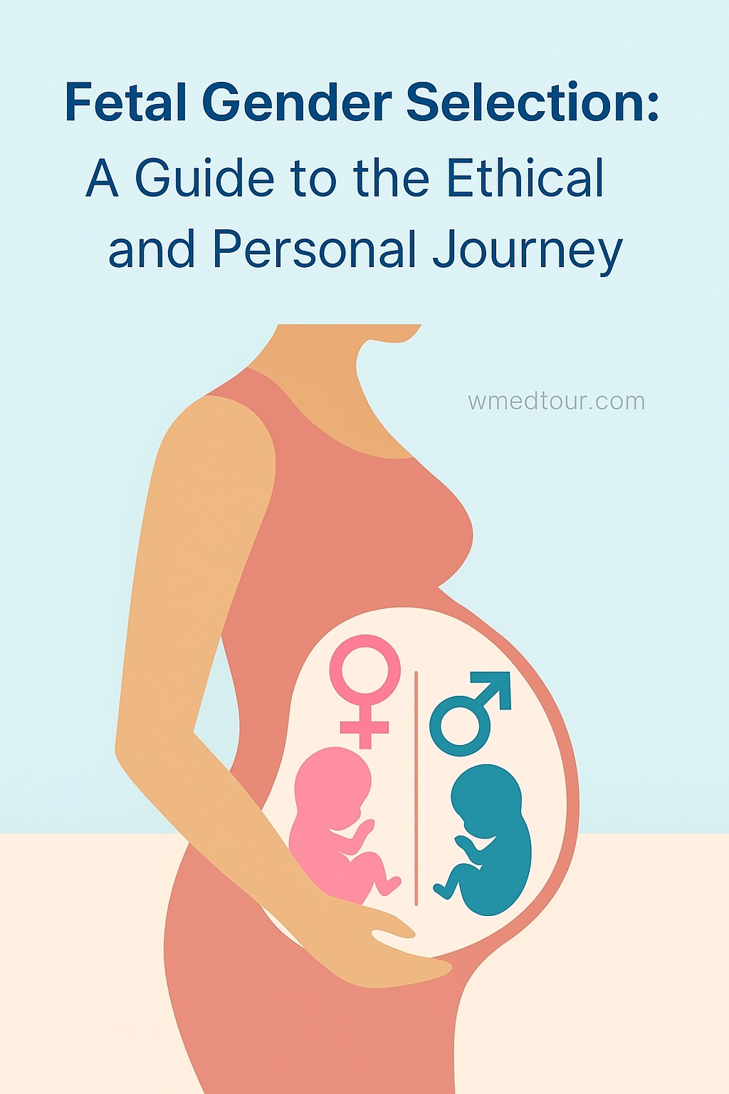Illustration of a pregnant woman with male and female fetal symbols, representing ethical and personal aspects of gender selection
