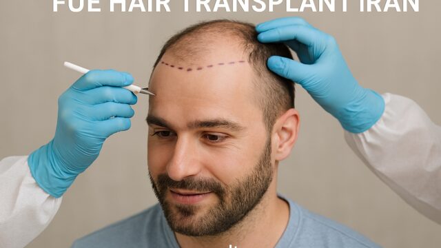 Caucasian male undergoing FUE hair transplant in Iran with medical professional applying punch instrument to scalp