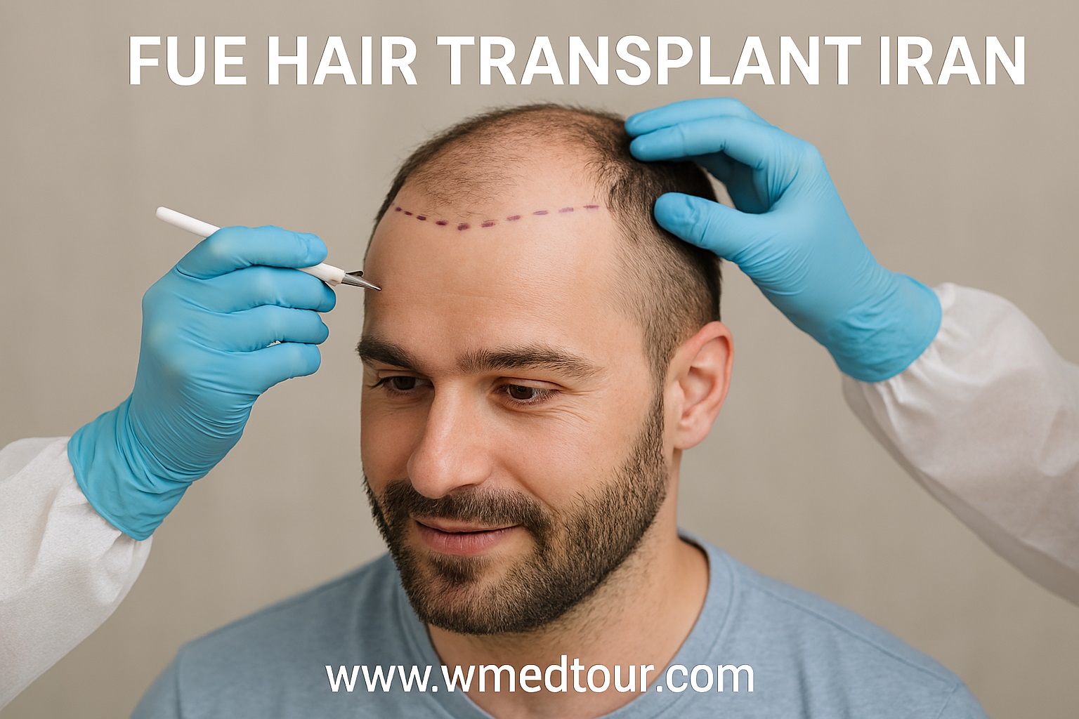 Caucasian male undergoing FUE hair transplant in Iran with medical professional applying punch instrument to scalp