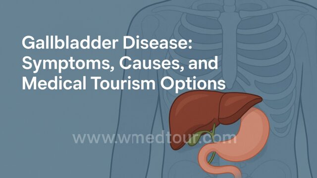 Illustration of gallbladder anatomy with article title and watermark “www.wmedtour.com” centered