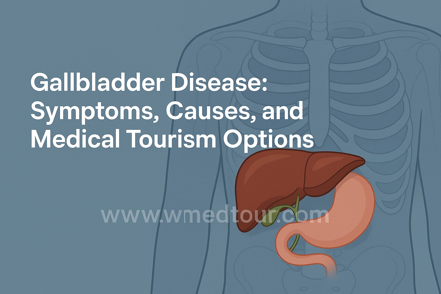 Illustration of gallbladder anatomy with article title and watermark “www.wmedtour.com” centered