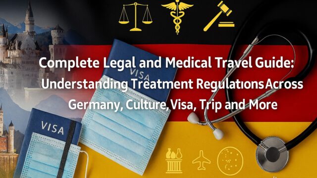 German flag background with Neuschwanstein Castle, Brandenburg Gate, medical and legal symbols, passport, mask, and stethoscope