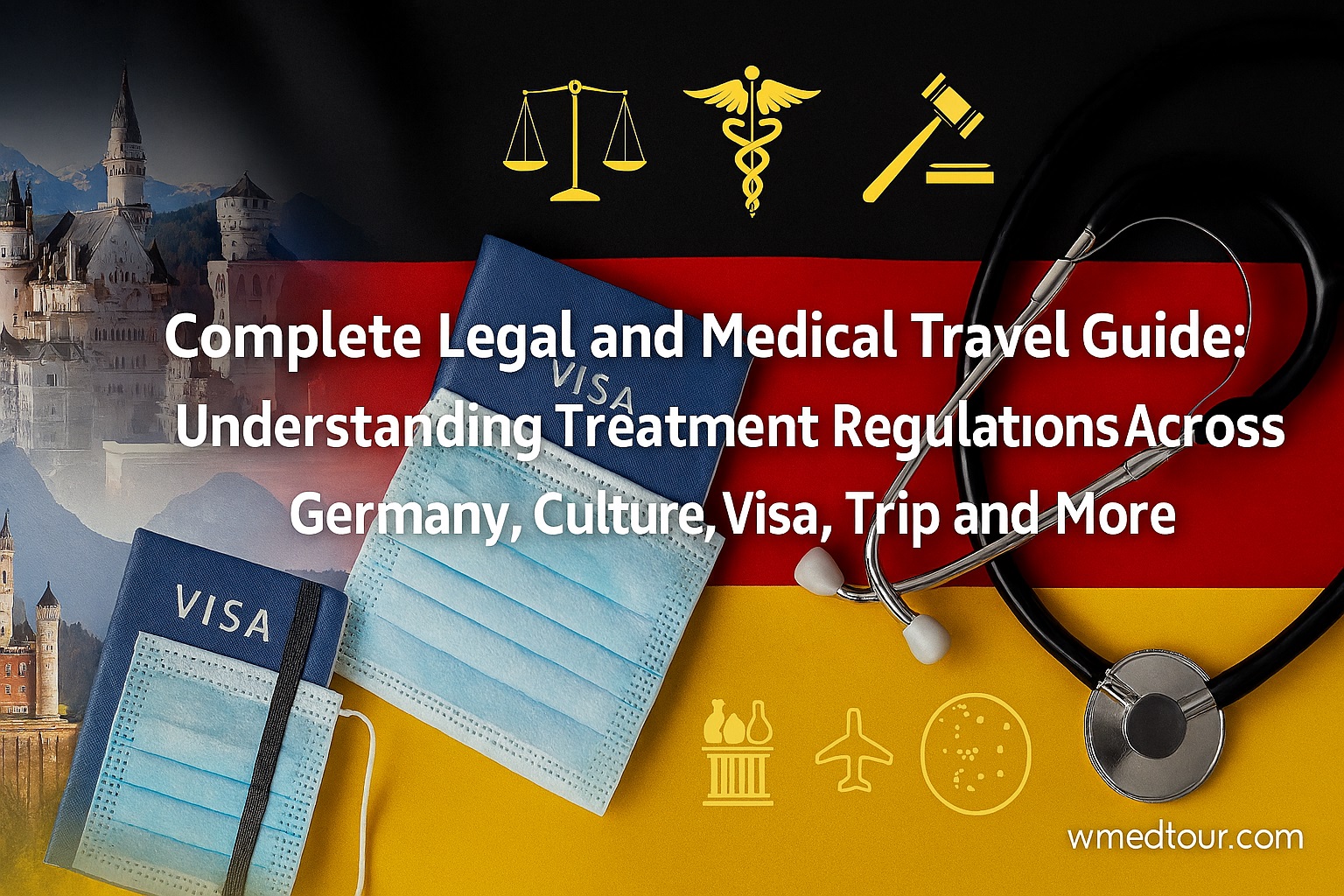 German flag background with Neuschwanstein Castle, Brandenburg Gate, medical and legal symbols, passport, mask, and stethoscope