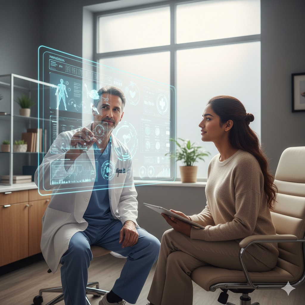 A compassionate doctor discussing medical information on a holographic screen with a patient in a consultation room, representing informed decision-making for gender-affirming surgery.