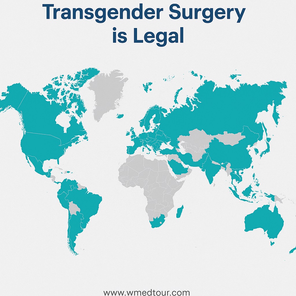 World map highlighting countries where transgender surgery is legal, with turquoise regions and www.wmedtour.com watermark