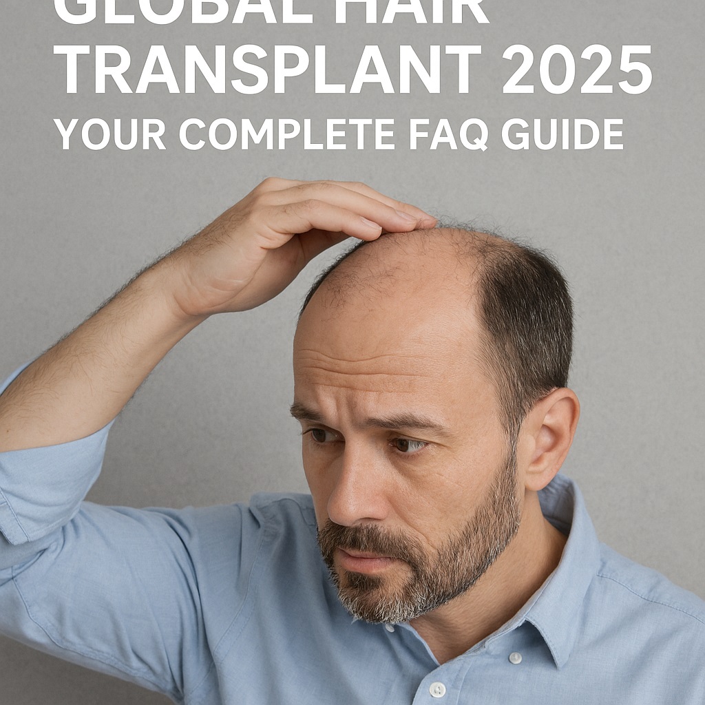 Middle-aged man examining hair loss with overlay text “Global Hair Transplant 2025: Your Complete FAQ Guide” and www.wmedtour.com watermark