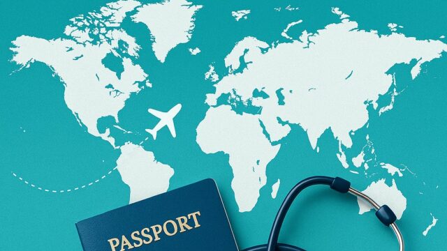 World map with passport, stethoscope, and airplane icon representing global medical travel