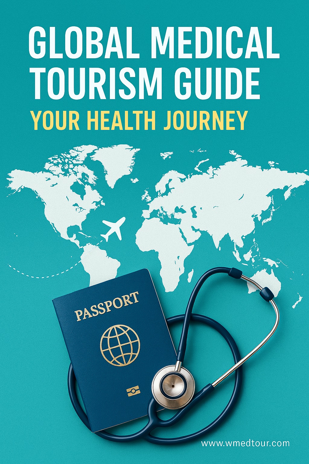 World map with passport, stethoscope, and airplane icon representing global medical travel