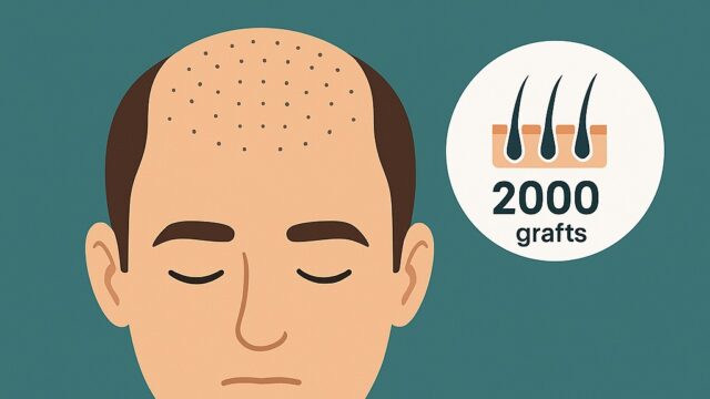 Hair Graft Estimator – Visual Guide to Follicle Planning Illustration of a bald male head with hair graft estimation graphic showing 2000 grafts, designed for hair transplant planning.