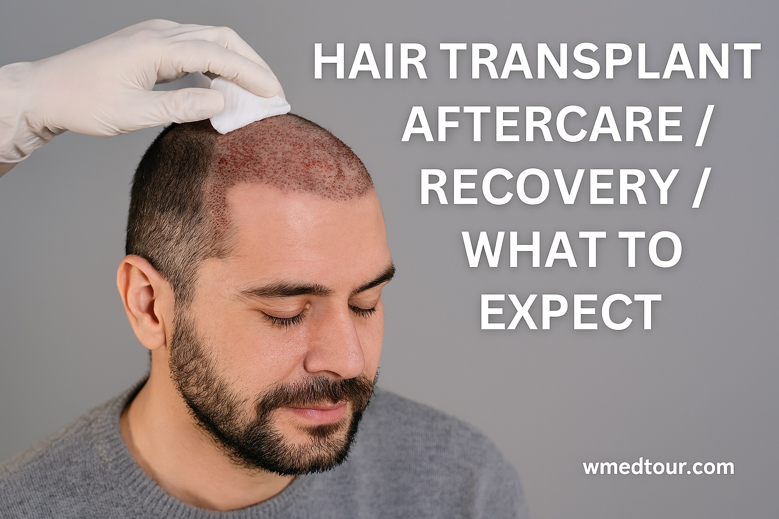 Man recovering after hair transplant with gauze pad on scalp, showcasing post-op care