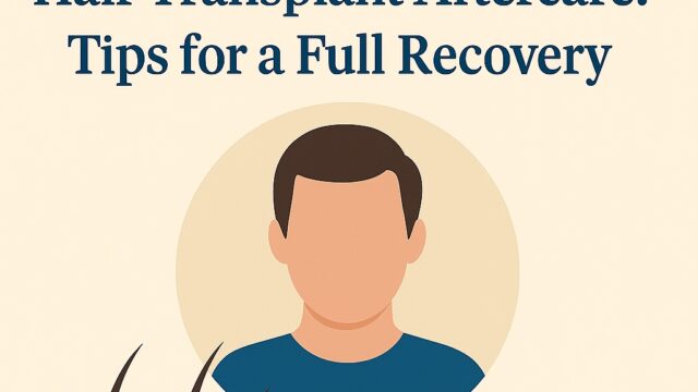 Illustration of hair transplant recovery with healing follicles and scalp care icons, designed for a medical aftercare guide