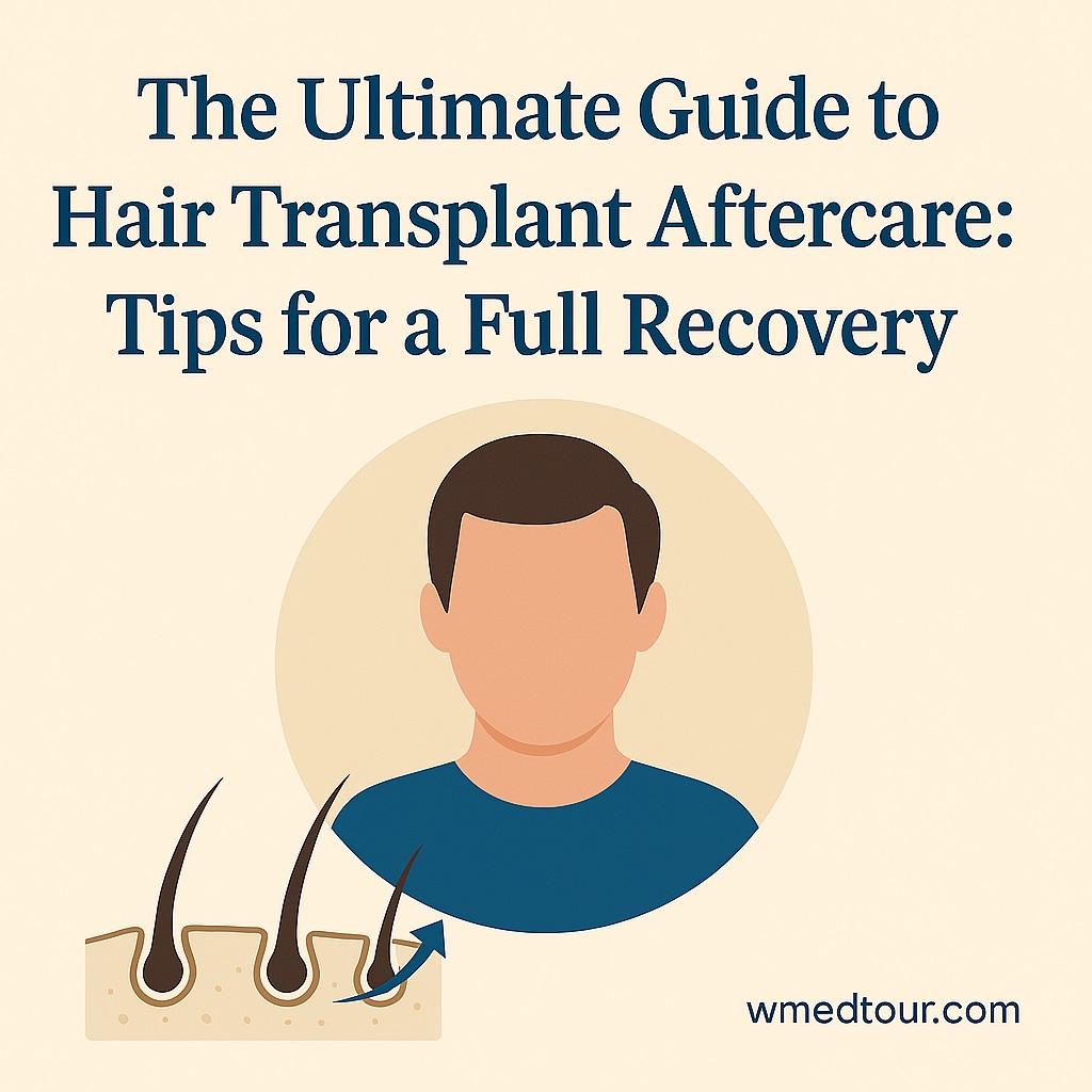 Illustration of hair transplant recovery with healing follicles and scalp care icons, designed for a medical aftercare guide