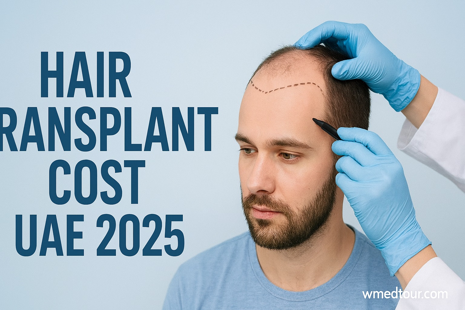 High-definition featured image showing hair transplant consultation in UAE with text overlay “Hair Transplant Cost UAE 2025” and watermark wmedtour.com