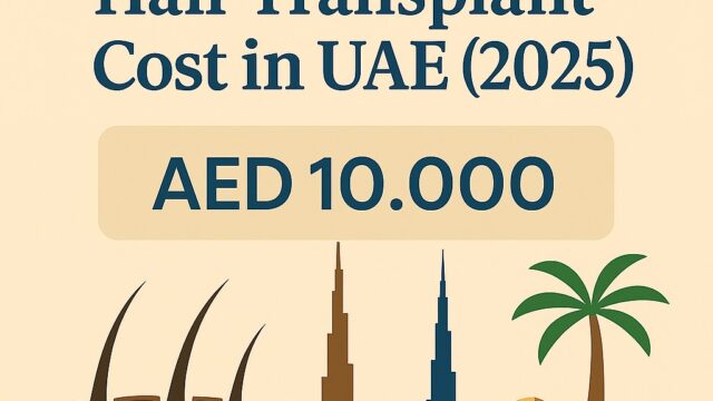 Elegant infographic showing hair transplant cost in UAE for 2025 with Burj Khalifa, palm trees, desert dunes, and hair follicle icons