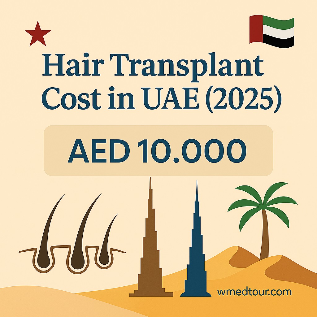 Elegant infographic showing hair transplant cost in UAE for 2025 with Burj Khalifa, palm trees, desert dunes, and hair follicle icons