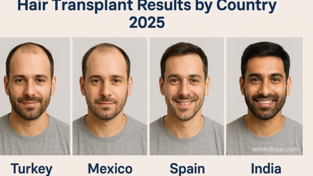 Before-and-after hair transplant results from Turkey, Mexico, Spain, and India, shown in a comparative infographic