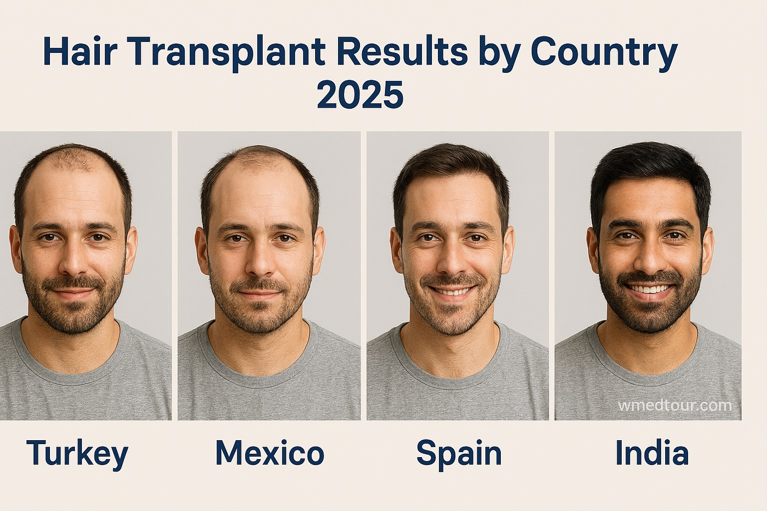 Before-and-after hair transplant results from Turkey, Mexico, Spain, and India, shown in a comparative infographic