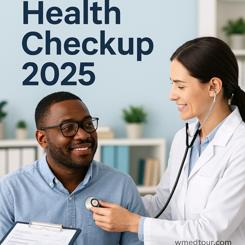Modern doctor performing a futuristic health checkup with advanced diagnostic tools, representing 2025 medical innovations