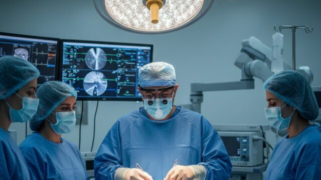A high-tech operating room in Iran showing a lead cardiac surgeon and his medical team performing a heart bypass surgery with advanced monitoring equipment and sterile blue surgical gear.