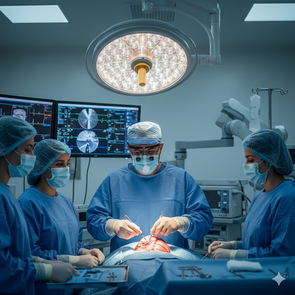 A high-tech operating room in Iran showing a lead cardiac surgeon and his medical team performing a heart bypass surgery with advanced monitoring equipment and sterile blue surgical gear.