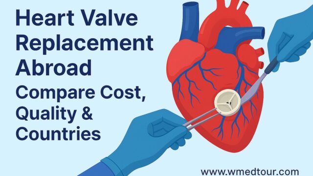 Illustration of heart valve replacement surgery with international hospital symbols and cost-quality comparison theme