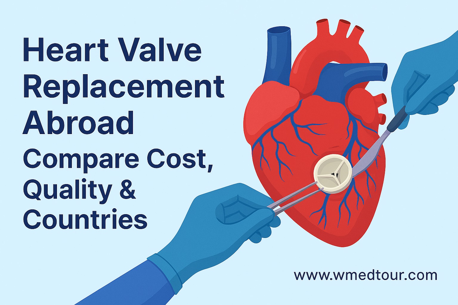 Illustration of heart valve replacement surgery with international hospital symbols and cost-quality comparison theme