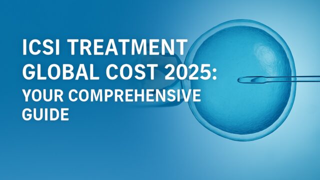 Banner showing ICSI procedure with micropipette injecting sperm into egg, alongside global cost guide text