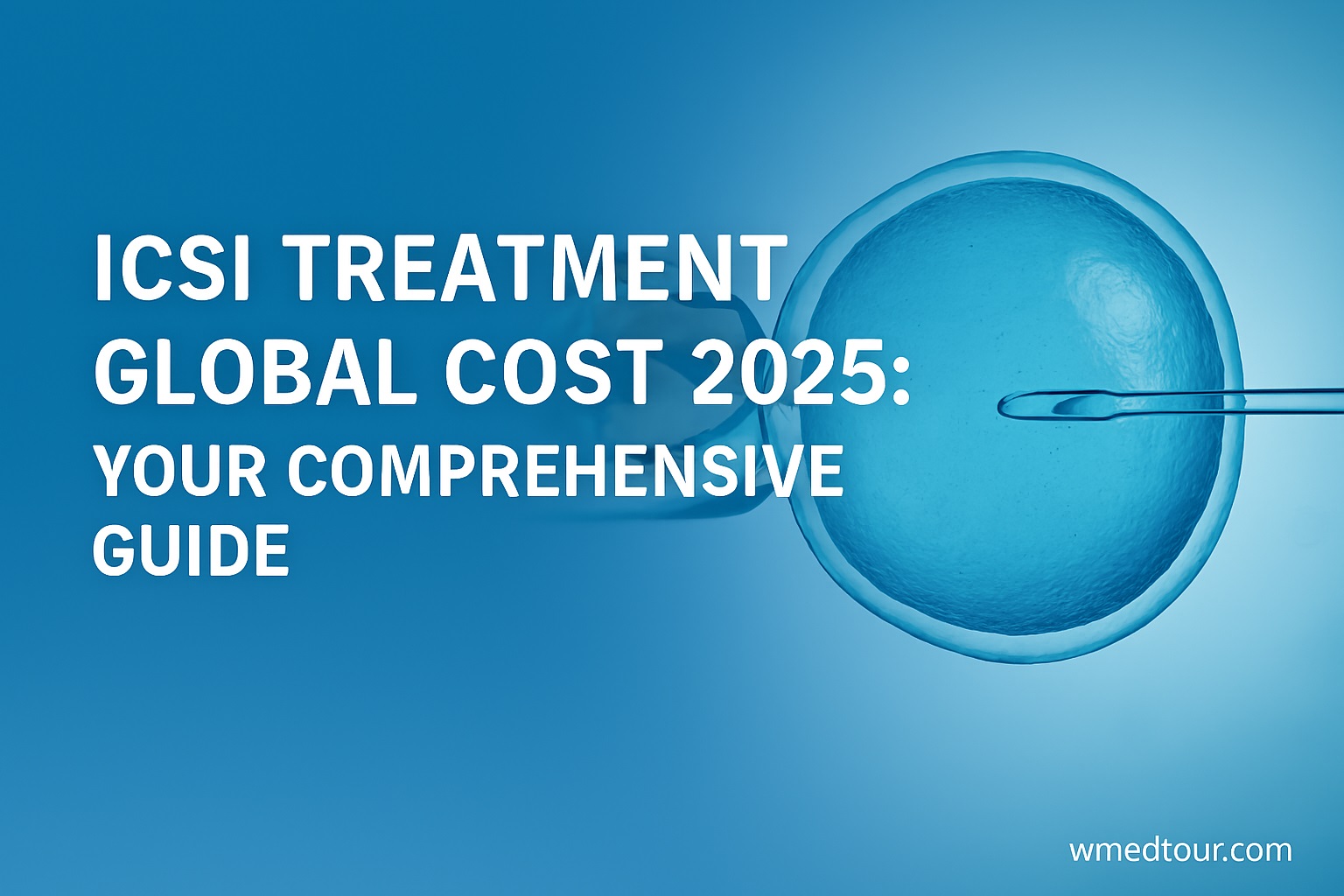 Banner showing ICSI procedure with micropipette injecting sperm into egg, alongside global cost guide text
