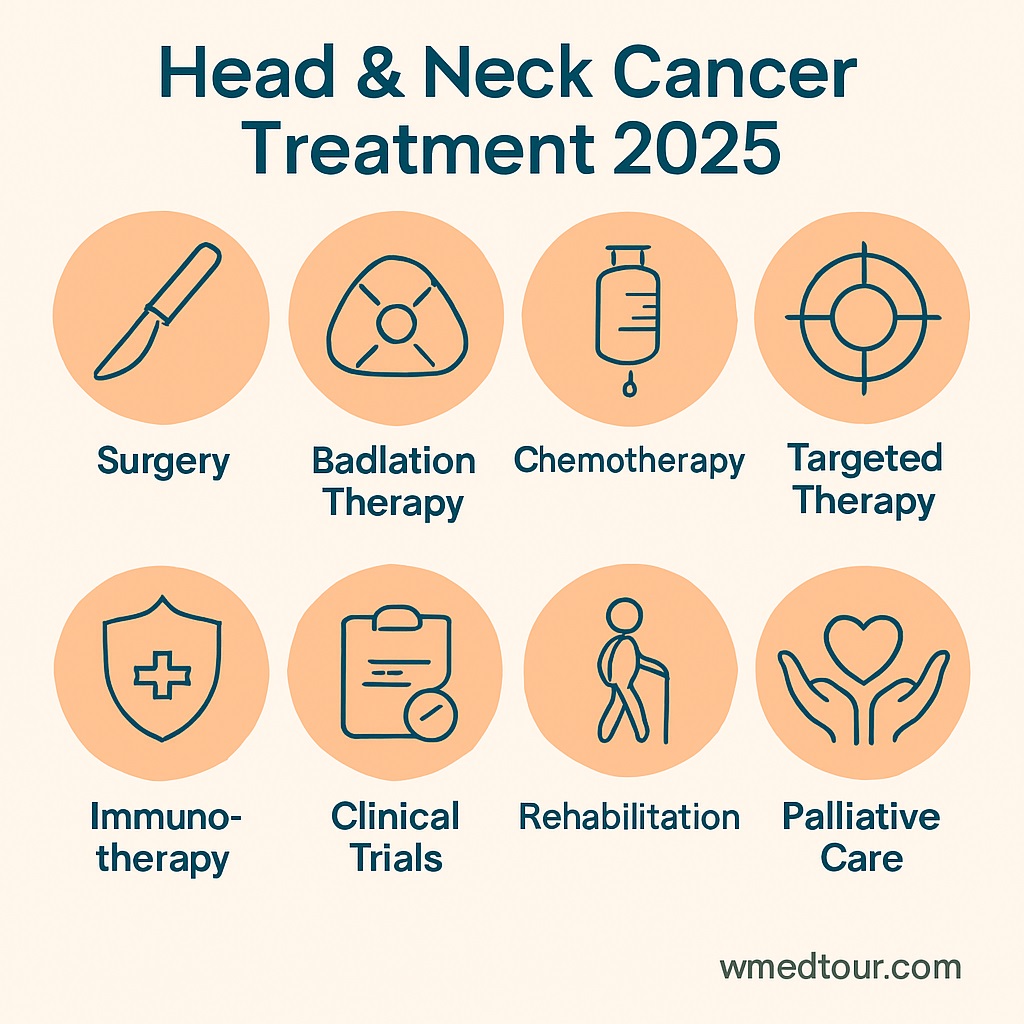 Infographic showing eight modern treatment options for head and neck cancer in 2025, with icons and labels.