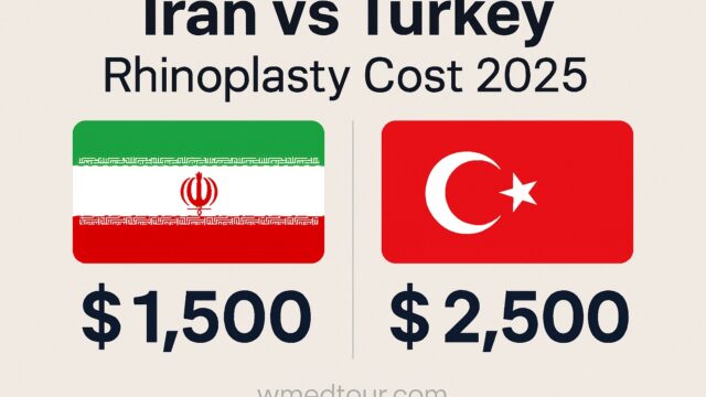 Iran vs Turkey: Rhinoplasty Cost Comparison for 2025 High-definition infographic comparing rhinoplasty costs in Iran and Turkey for 2025, featuring flags, currency symbols, and watermark.