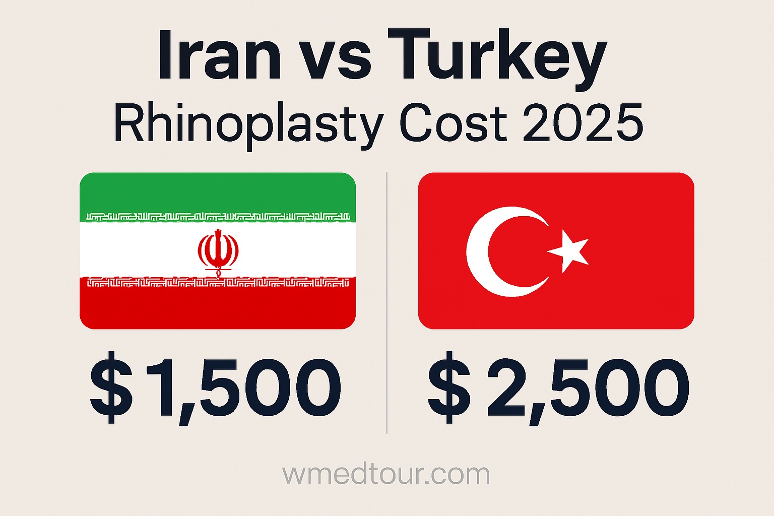 High-definition infographic comparing rhinoplasty costs in Iran and Turkey for 2025, featuring flags, currency symbols, and watermark.
