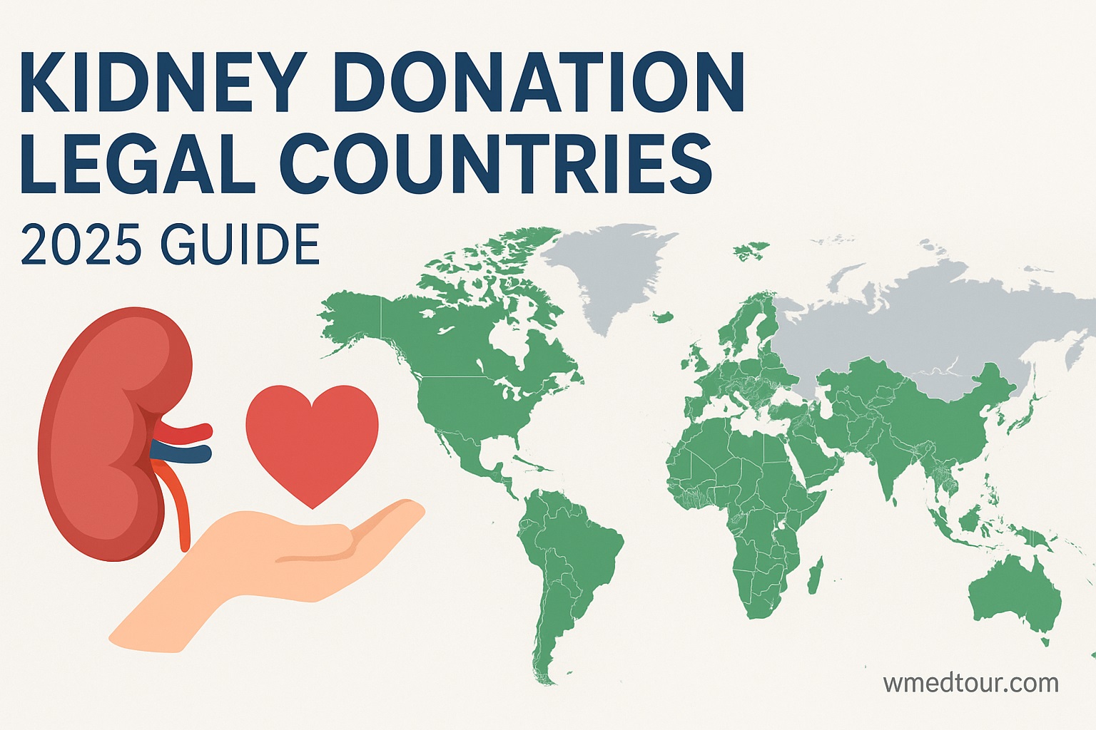 World map showing countries where kidney donation is legal in 2025 with kidney and heart illustration and wmedtour.com watermark.